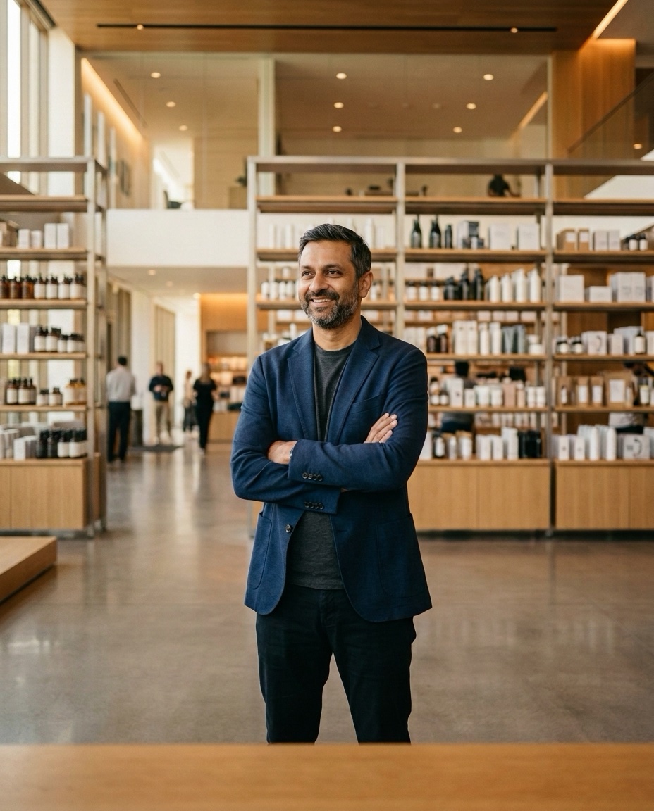 A successful brand owner in a large, modern brand headquarters and showroom