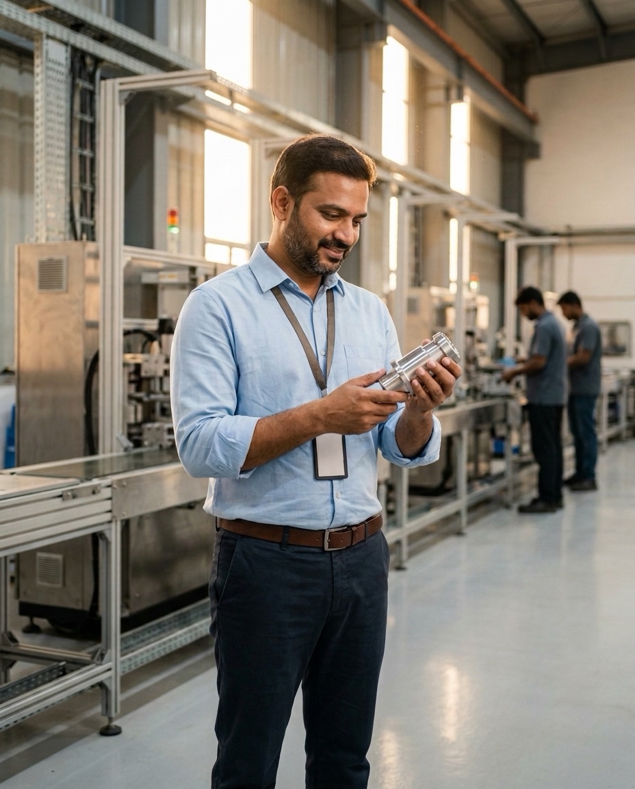 A manufacturer inspecting a finished metal part on a modern Indian factory floor