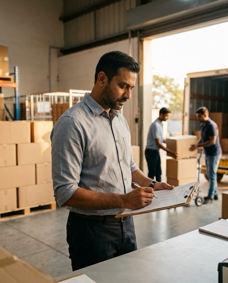 A distributor checking a dispatch list as workers load cartons at a warehouse loading bay